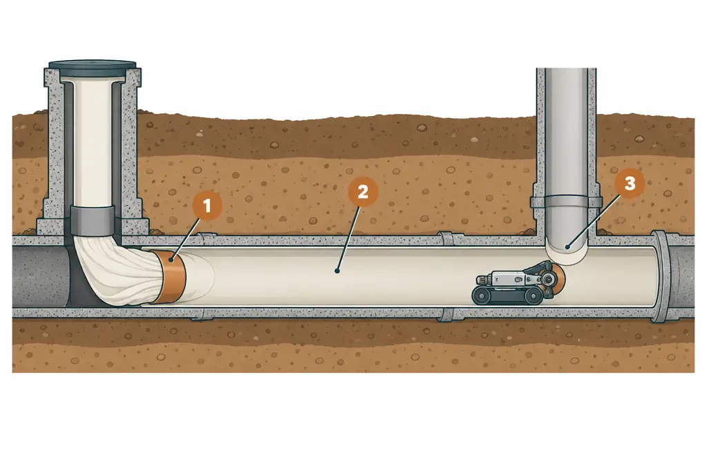 Diagram: cutaway of a sewer lateral with a resin-saturated liner inverting into it from a cleanout, a cured section pressed against the old pipe wall, and a branch connection reopened from inside