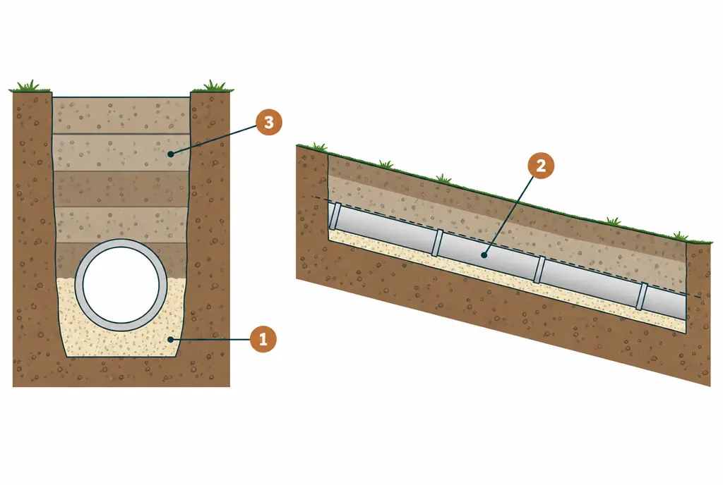 Diagram: cross-section of an open trench with a sand bedding layer under the pipe, the new pipe on a steady slope, and backfill placed and compacted in layers above