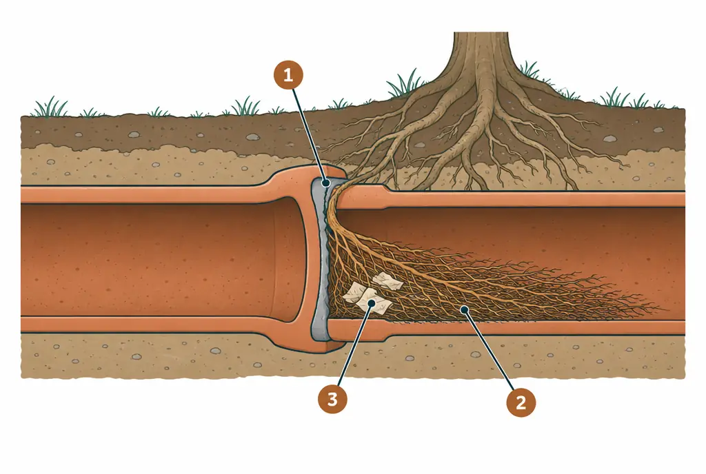 Diagram: cutaway of two clay pipe sections meeting at a bell joint with a gap in the old seal, fine roots entering through the gap and forming a mat inside, and debris caught on the mat