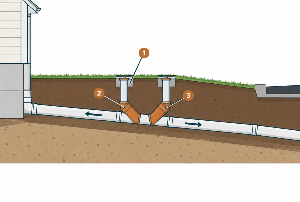 Diagram: cross-section of a two-way cleanout on a sewer lateral, with risers to a capped box at grade and branches opening toward the house and toward the street