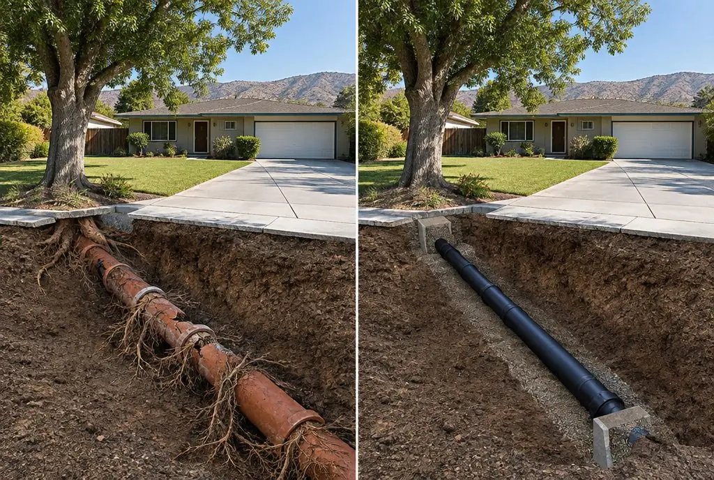 Illustration: split view of a Newhall front yard, a concrete driveway over a cutaway clay sewer pipe full of roots on the left and the same driveway with a new black HDPE pipe in the cutaway and two small backfilled pits on the right