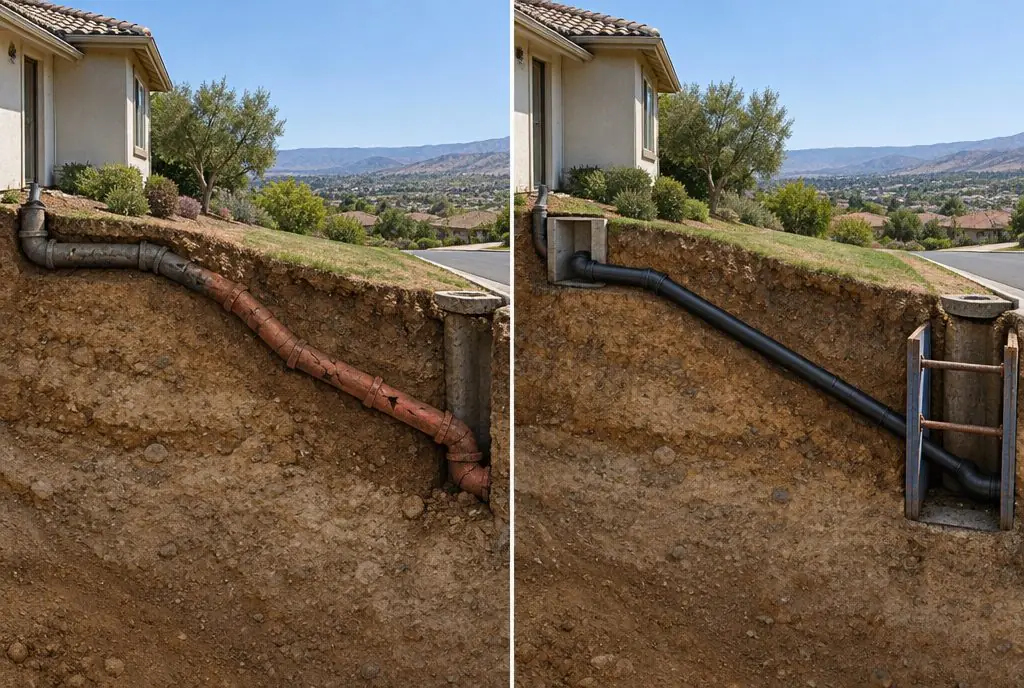 Illustration: split view of a cross-section through a sloping front yard, an old cracked clay pipe running deep below the surface toward a street on the left and a new black HDPE pipe in the same deep path with a shored pit near the street on the right