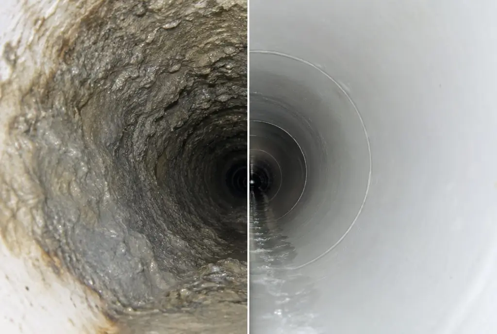 Illustration: split view of the inside of a white PVC sewer pipe, coated with gray grease and scale narrowing the flow on the left and clean and smooth after jetting on the right