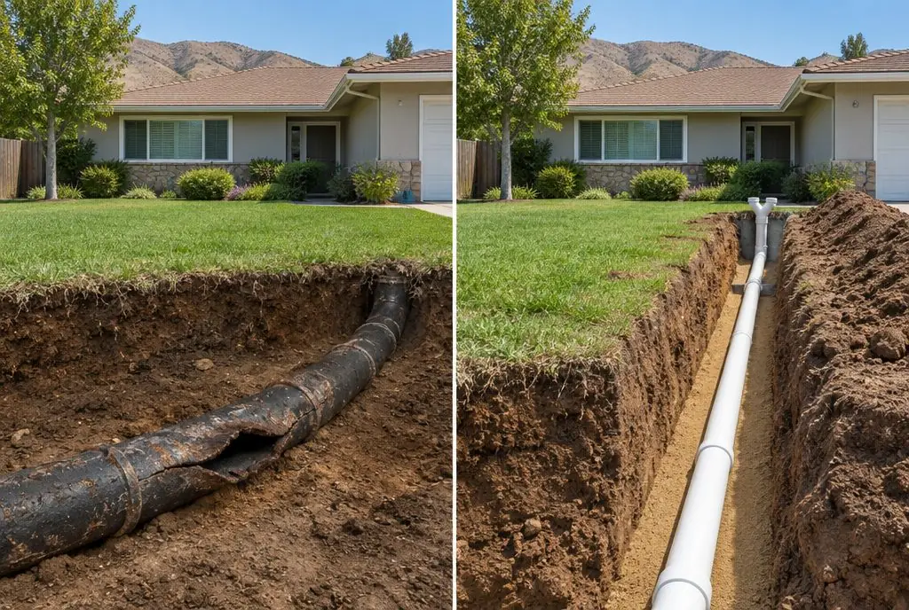 Illustration: split view of a Saugus front lawn, a cutaway of a black flattened fiber pipe with blisters under the grass on the left and an open trench with a new white PVC pipe on sand bedding and a cleanout riser near the house on the right