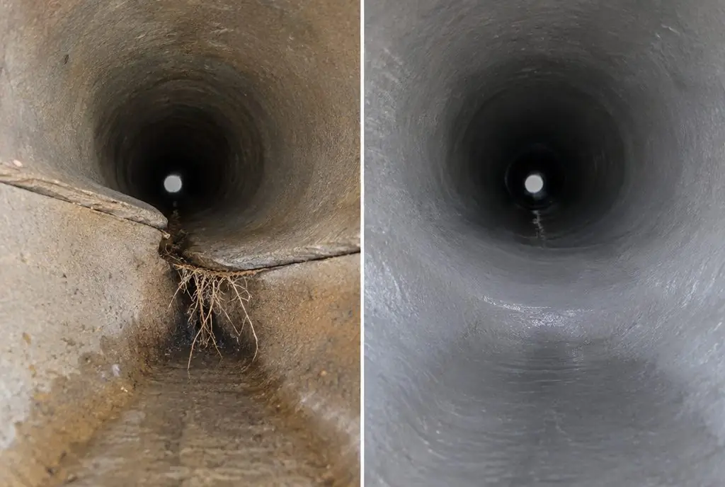 Illustration: split view of a sewer pipe interior, an offset joint with a step and fine roots on the left and the same pipe with a smooth continuous liner across the joint on the right