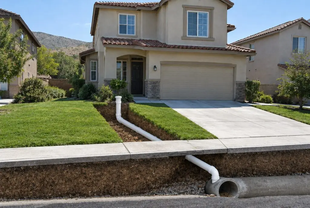 Illustration: a cutaway of the same front yard showing a new sewer lateral from the house to the street main, with a cleanout riser near the house and the lawn restored