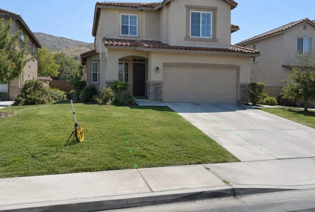Illustration: a front yard of a two-story tract home with a measuring wheel on the lawn and small paint marks tracing the path of the sewer line to the street