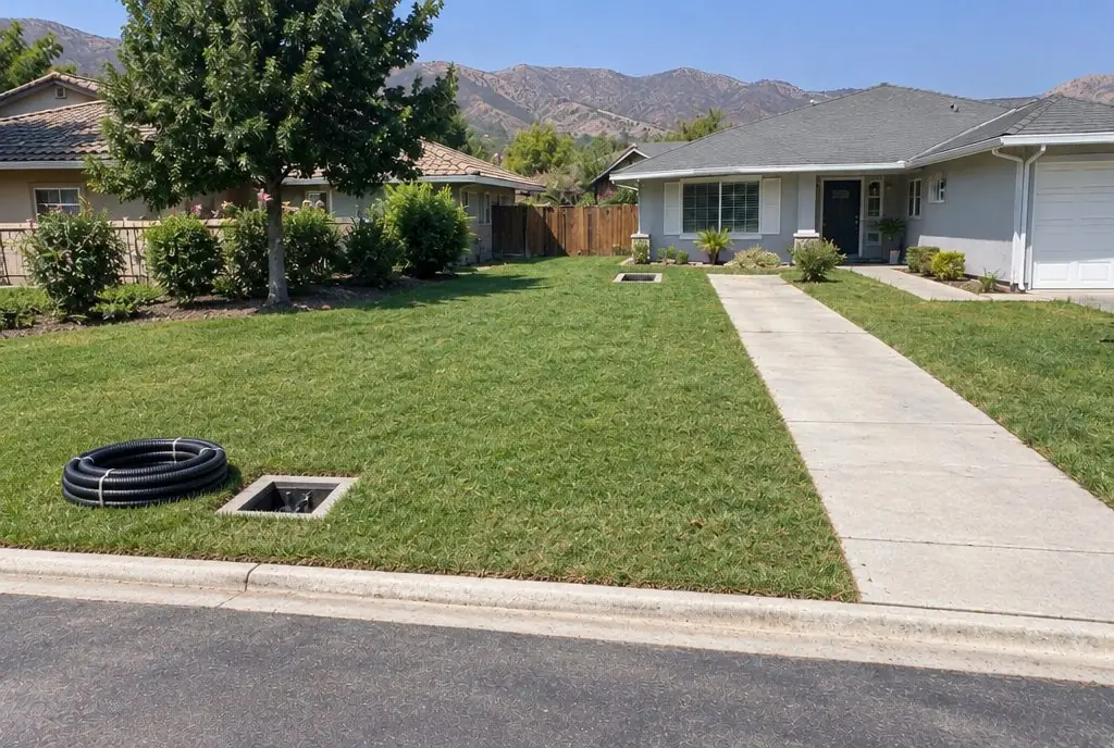 Illustration: the same yard with the lawn and driveway intact and only two small square pits, one near the house and one near the sidewalk