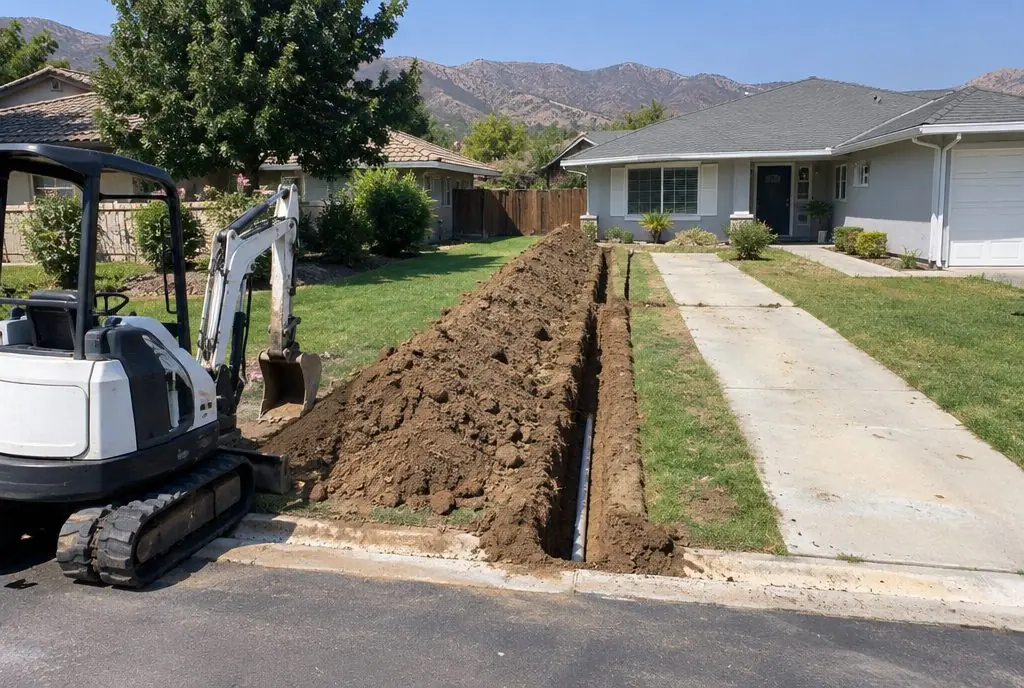 Illustration: a front yard with a long open trench cut through the lawn and a section of driveway from the house to the street