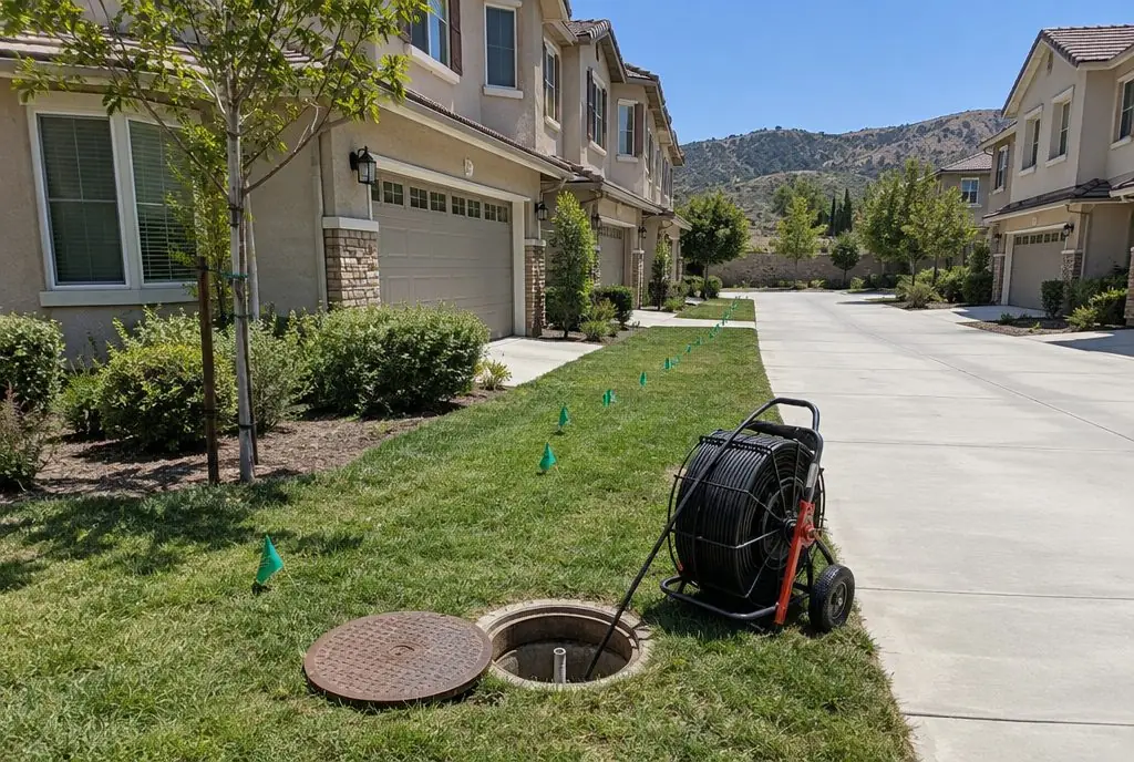 Illustration: a row of two-story townhomes with a camera inspection van parked in the shared drive and marking flags along a private sewer line