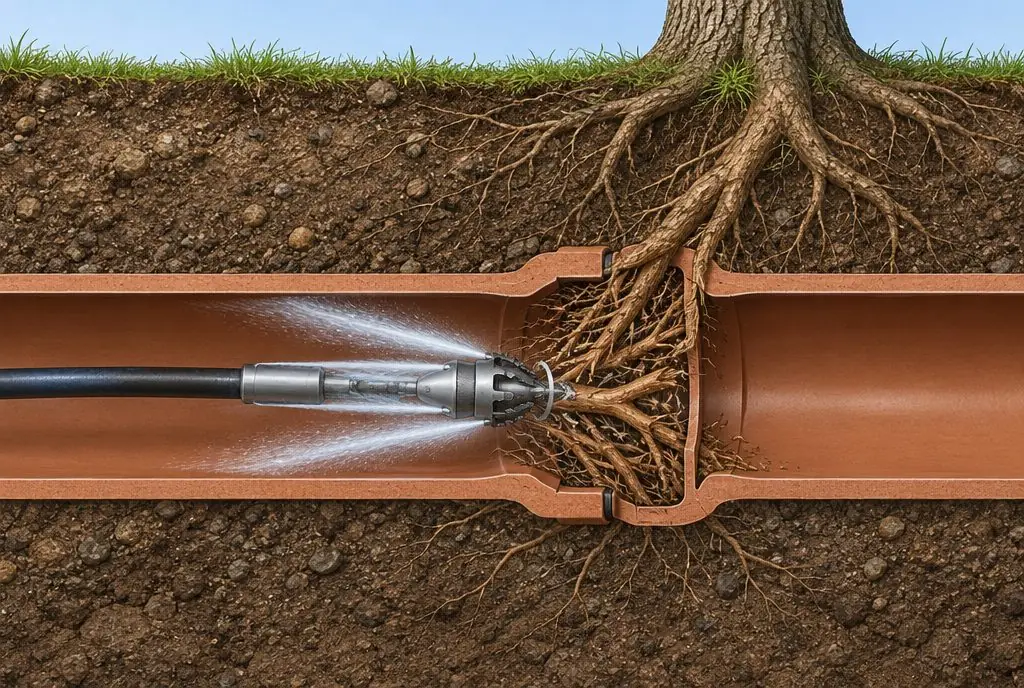 Illustration: a cutaway of a clay sewer pipe with a hydro jetting nozzle spraying water jets backward and cutting roots at a joint