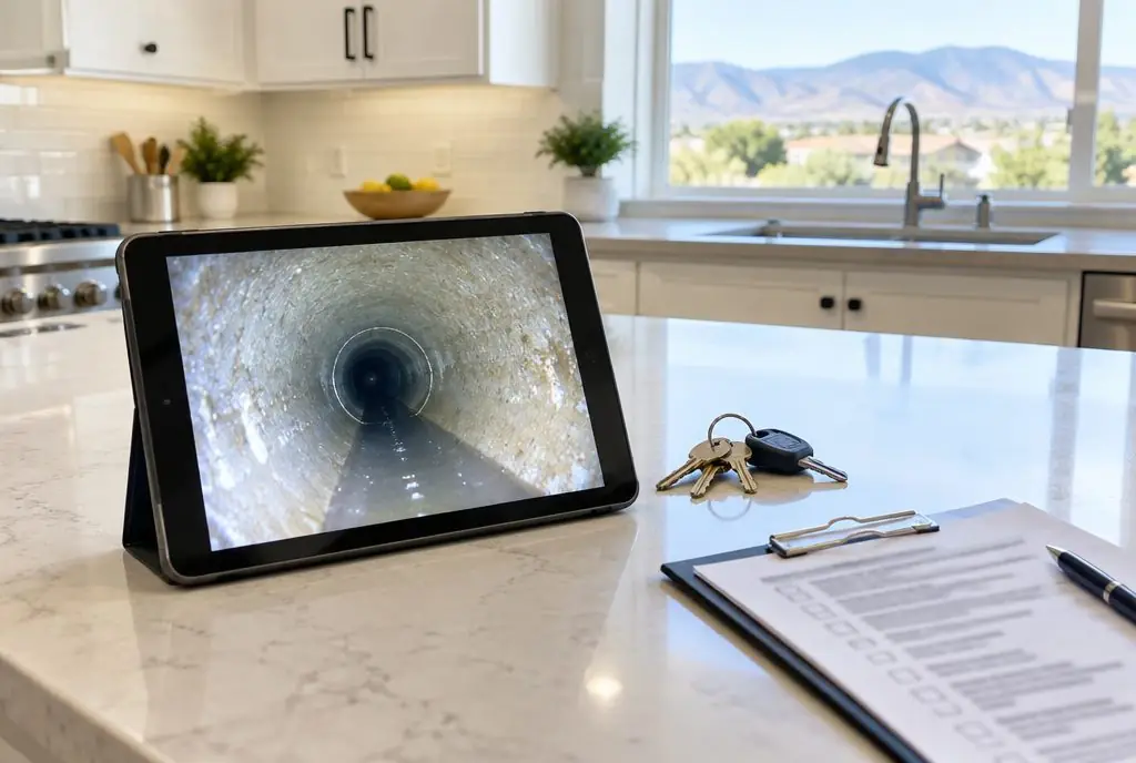 Illustration: a tablet on a kitchen counter showing a sewer camera video still beside house keys and an inspection checklist with blurred text