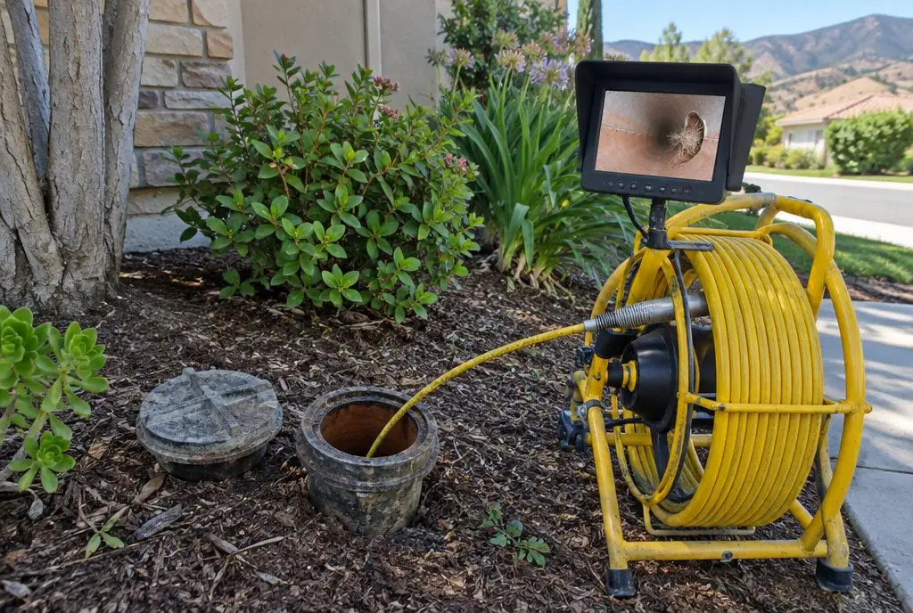 Illustration: a sewer inspection camera on a push cable entering a cleanout in a front yard, a monitor showing the inside of a clay pipe