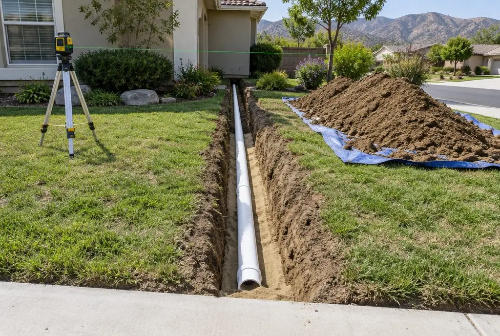 Illustration: an open trench across a front lawn with a new white PVC sewer lateral on gravel bedding running from the house toward the street