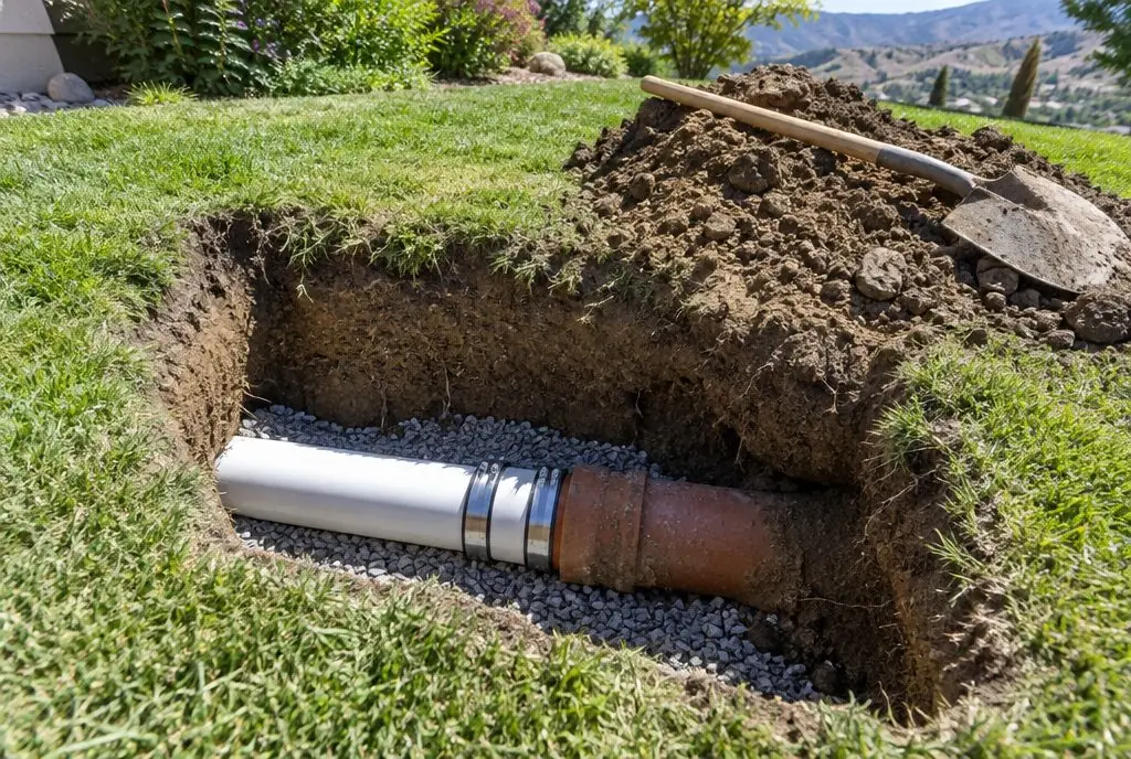 Illustration: a single excavation in a lawn exposing a short section of new white PVC sewer pipe joined to old clay pipe with shielded couplings